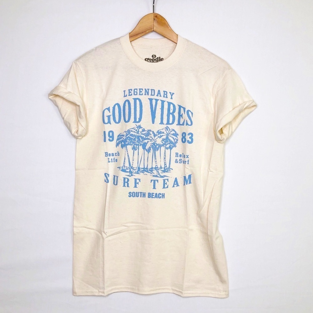 Goodie Too Sleeve tan Good Vibes graphic t shirt